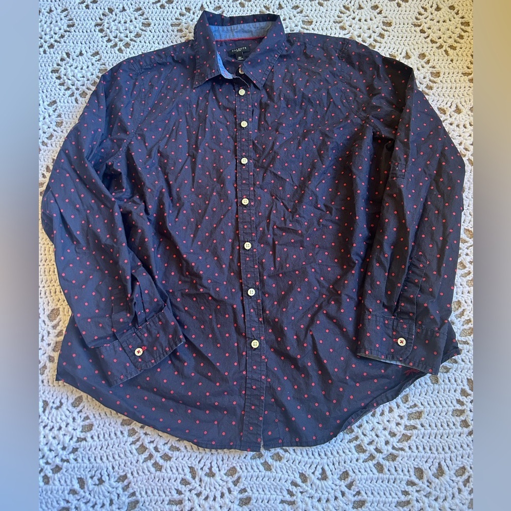 Women’s Talbots 16P Navy Embroidered Red Dot Dragonfly Stretch Blouse Top